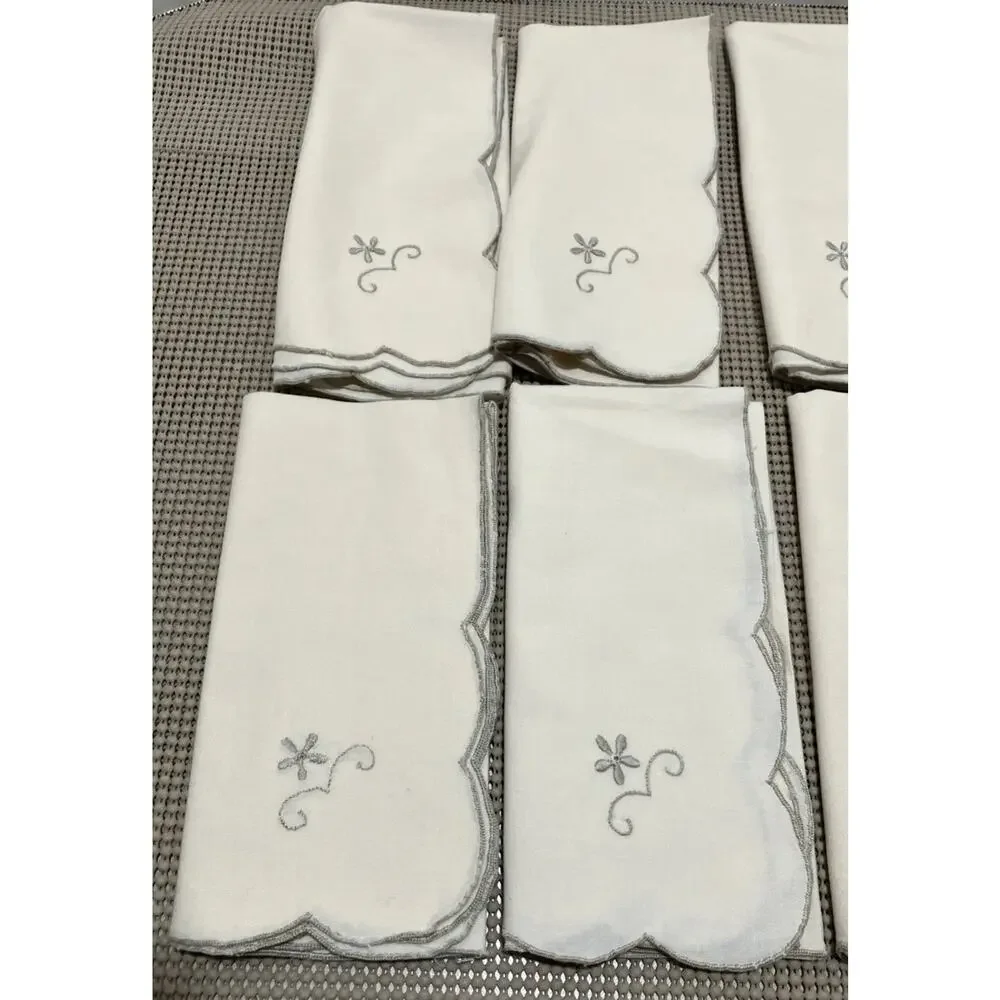 Cocktail Napkins Embroidered Scalloped Off-White Gray Silver Edge Set of 8